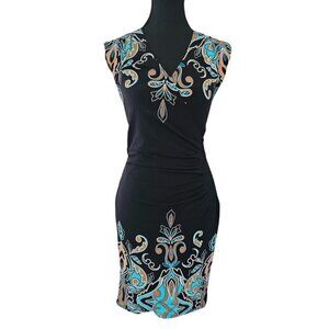 Le Chateau Bodycon Midi Dress XXS Blk Multicolor Print Sleeveless V-Neck Sml Fit